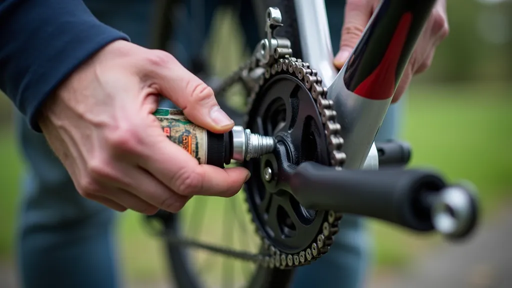 Bicycle chain being lubricated with chain oil, showing proper application technique on clean drivetrain