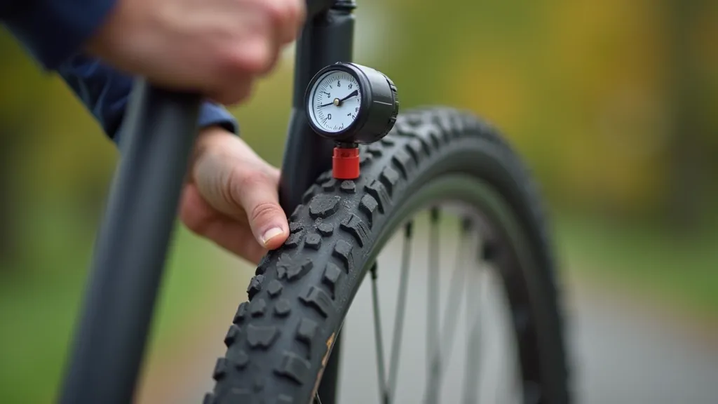 Close-up of bicycle tyre with pressure gauge, showing proper inflation technique on flat surface
