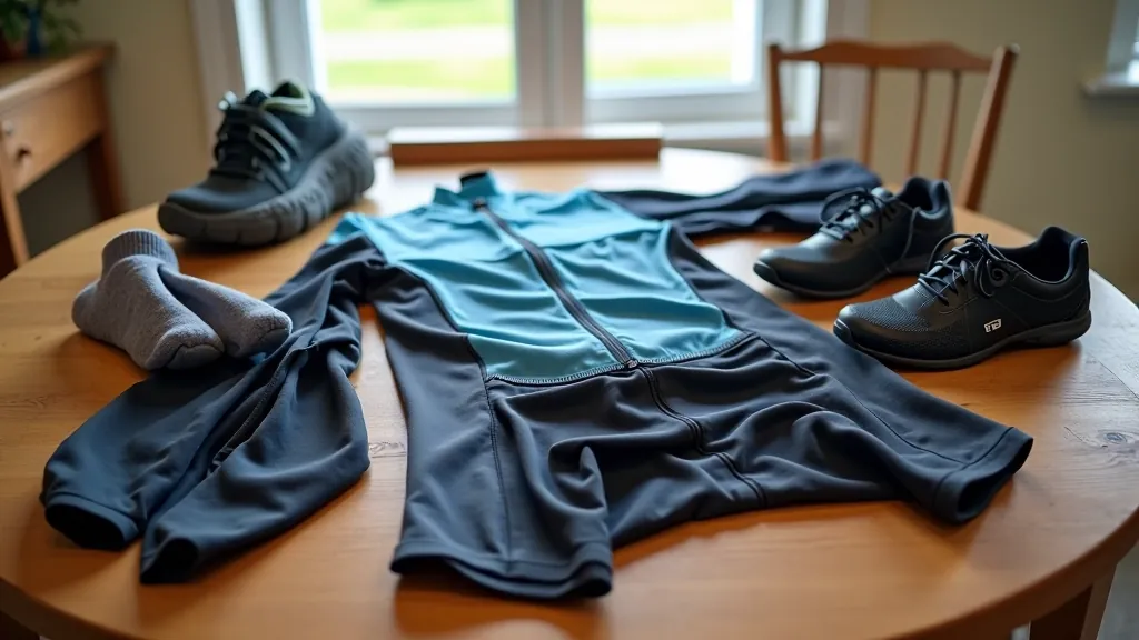 Casual cycling gear laid out on a wooden table including padded shorts, moisture-wicking jersey, and comfortable cycling shoes