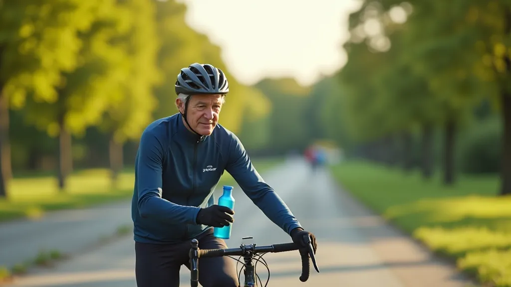 Cyclist refilling water bottle at a scenic rest stop along the canal with trees and water in background