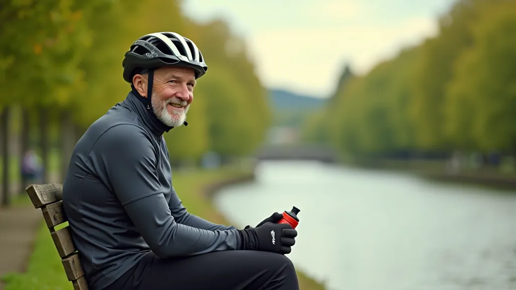 Cyclist taking a rest break at a scenic canal bench, eating a snack and drinking water with peaceful surroundings