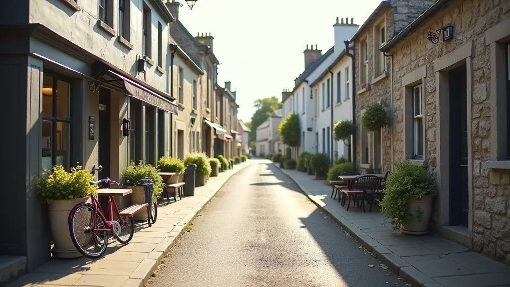 Ballymahon village street with historic buildings, bicycle parked outside small cafe, peaceful town setting