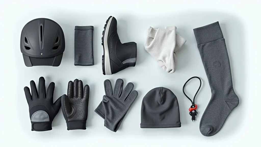 Overhead view of cycling accessories including padded gloves, cycling shoes, merino wool socks, and a cycling cap arranged on a light background