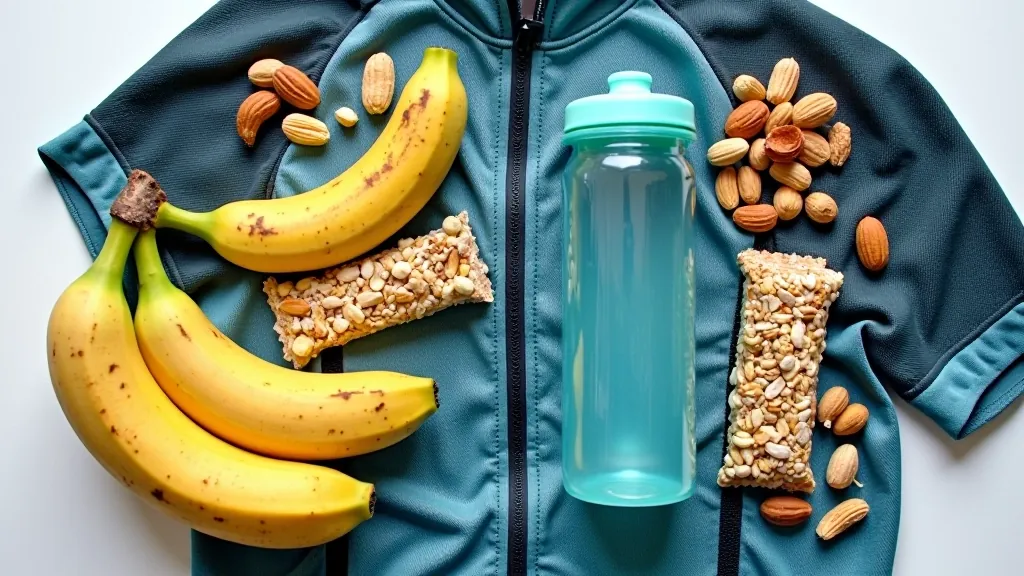 Cyclist's backpack opened showing packed snacks including banana, energy bars, nuts, and water bottle ready for a long ride