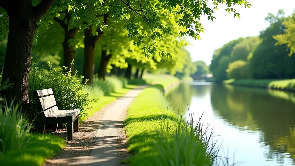 Rest point area with wooden benches beside canal, lush green vegetation and trees providing shade, peaceful setting with water reflecting sky