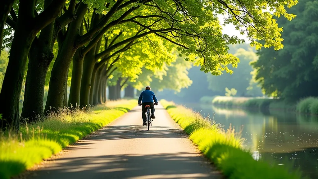 Afternoon light on canal towpath with mature trees lining the path, peaceful cycling route stretching into distance