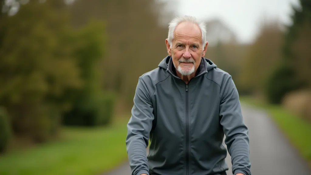 Senior cyclist wearing layers in spring conditions on a canal path, showing moisture-wicking base layer and light jacket over it