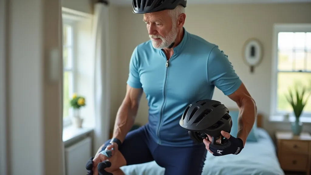 Senior cyclist preparing cycling outfit with helmet, padded shorts, and breathable clothing on a bed