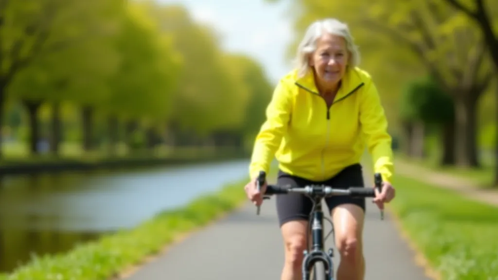 Senior cyclist on a flat canal path with trees and water visible, wearing bright cycling gear