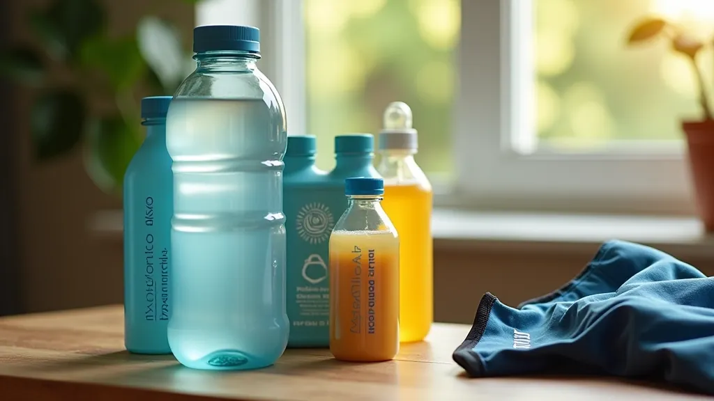 Different types of hydration bottles and water containers arranged on a table with cycling gear