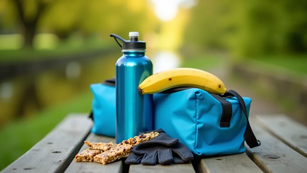 Water bottle and energy snacks arranged on a cycling bag next to a canal bench with peaceful water view